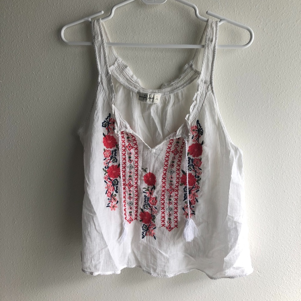 A&F White Tank with Floral Embroidery and Tassels